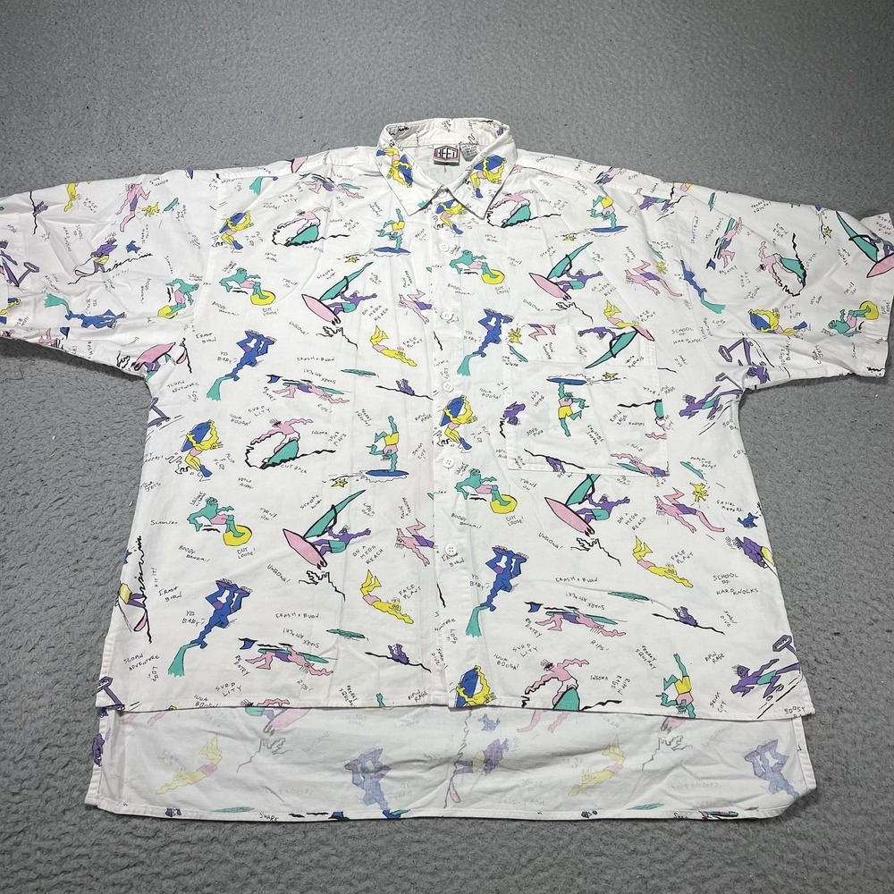 Vintage HEET Shirt Mens L White‎ Surf Graphic Short Sleeve Button Up Hong Kong